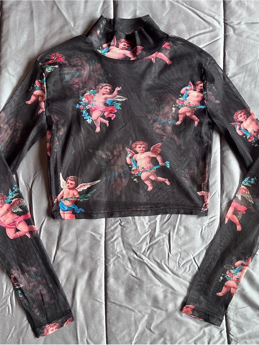Source Unknown Black Sheer Mesh Crop Top with Pink Cherub Motif - Picture 2 of 8